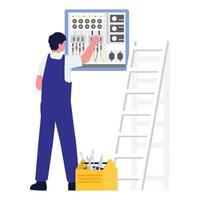 A technician inspects and adjusts the switches on an electrical panel. vector