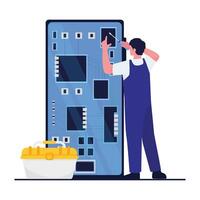 A worker repairs an electronic circuit board with a screwdriver. vector