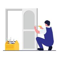 A technician kneels to install or repair a door handle using a power drill. vector