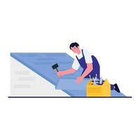 A worker is installing blue floor tiles using a hammer. vector