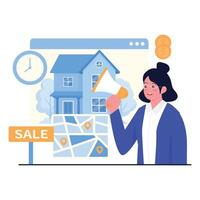 A real estate agent promoting a property online using a map and megaphone. vector