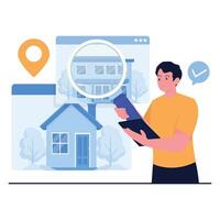 A man browsing real estate listings on a digital device. vector