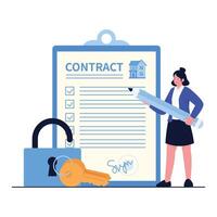 Woman signing a house contract with keys and lock symbolizing property ownership. vector