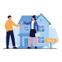 A real estate agent handing keys to a buyer in front of a sold home. vector