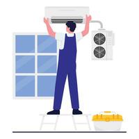 Worker installing a wall-mounted air conditioning unit indoors. vector