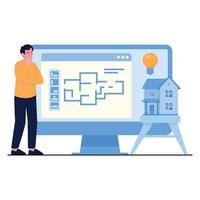 A man analyzing digital house layout on a screen with architectural planning elements. vector