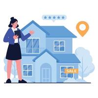 A real estate agent presenting a house for sale with rating and location icons. vector