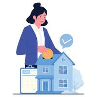 A woman paying property tax by inserting a coin into a house model. vector