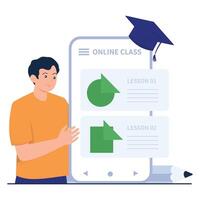 A student exploring lessons on a mobile screen for an online class experience. vector