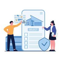 A buyer choosing a property from a digital map and house listing on a large mobile screen. vector