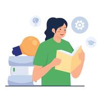 A girl reads a book with excitement, surrounded by educational icons, representing the power of knowledge and creativity. vector