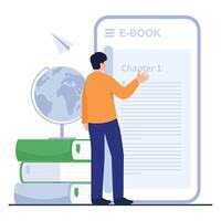 A learner viewing an electronic textbook on a giant screen beside study materials and a globe. vector