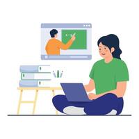 A girl attends a virtual math class and takes notes using her laptop, reflecting modern online education. vector