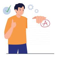 A happy student proudly shows off an exam paper with an A grade and a thumbs up. vector