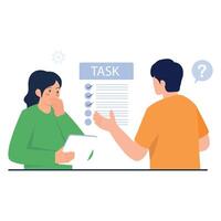 A student explains a task list to a classmate during a schoolwork discussion. vector