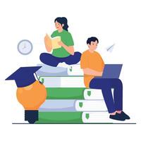 A boy and girl study together while sitting on stacked books, symbolizing collaborative learning and academic success. vector