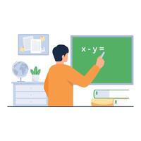 A student solves a subtraction equation on a chalkboard in a study room. vector