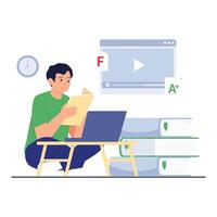 A male student reviews notes and studies online to improve his academic performance, symbolizing learning from failure. vector