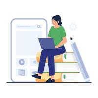 A female student studies using a laptop while sitting on stacked books, representing modern digital education. vector