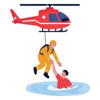 A rescue worker saves a drowning man using a helicopter during an emergency. vector