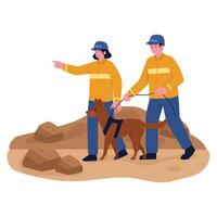 Search and rescue officers work with a trained dog in a disaster zone. vector