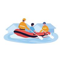 Rescue workers evacuating a person by boat during a flood emergency. vector