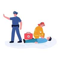 Firefighter performing CPR on an unconscious person while a police officer manages the scene. vector