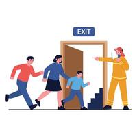 Firefighter guiding a family to safety during an emergency building evacuation. vector