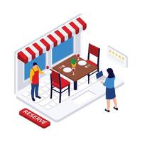 Digital reservation system showing a restaurant table being booked through a laptop with rating feedback. vector