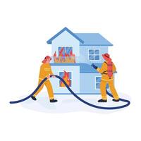 Firefighters extinguishing a blaze in a residential house using hoses. vector