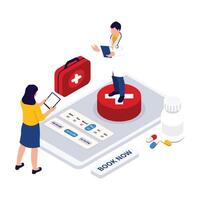 Isometric illustration of a patient booking a medical consultation online with a doctor through a mobile app. vector