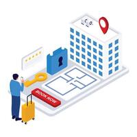 Man books a secured apartment or room using an online floor plan and security-verified system. vector