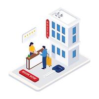 Isometric booking scene of a man checking into a hostel using a mobile app at the reception desk. vector