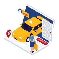 A woman books a taxi online using a navigation-enabled app with driver info and location tracking. vector