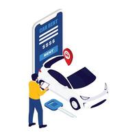 Man renting a car online via a smartphone app with pricing details, car, and location pin shown. vector