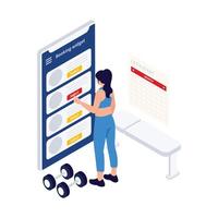 A woman books a fitness class online using a booking widget on her mobile device in a gym environment. vector