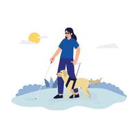 Visually impaired woman walking with her guide dog and white cane on a sunny day. vector