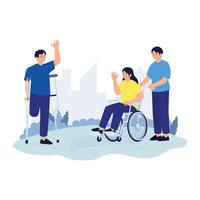 A friendly gathering of people with disabilities enjoying time outdoors and connecting socially. vector