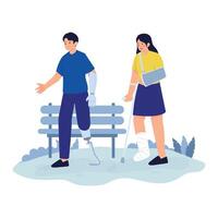 A man with a prosthetic arm and a woman on crutches walk together near a bench. vector