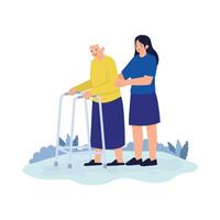 A caregiver helps an elderly woman using a walker take a walk in the park. vector