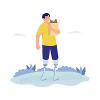 A man with prosthetic blade legs walks confidently while carrying a bag of groceries vector