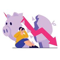 A broken piggy bank and falling graph highlight severe financial loss and distress. vector