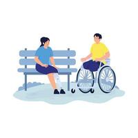 Two friends with mobility aids sitting on a park bench, enjoying a relaxed chat together. vector