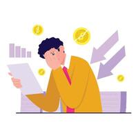 A man reacts in disbelief while reading financial documents as coins fall. vector