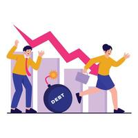 Business people run in fear from a debt bomb and a plunging red graph. vector