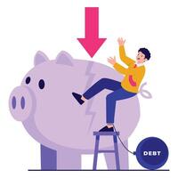 A man struggles under debt pressure as a giant piggy bank begins to crack. vector