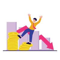 A person stumbles from a stack of coins as a downward graph shows economic loss. vector