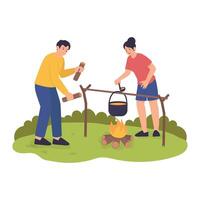 A man and woman preparing food over an open campfire using a hanging pot. vector