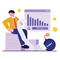 A man sits with a long bill and empty pockets as a debt bomb ticks nearby. vector