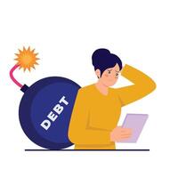 A woman reads documents in distress with a large debt bomb behind her. vector